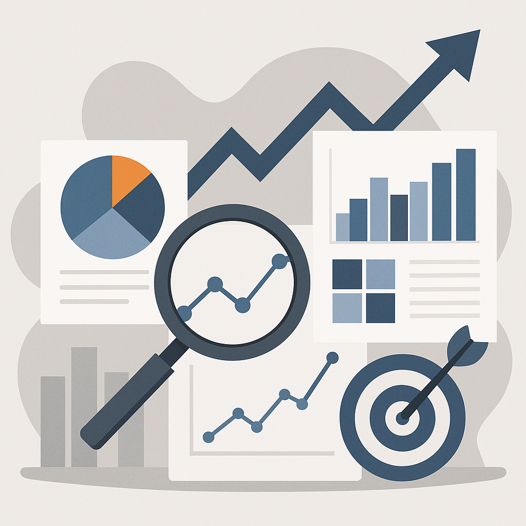 Ilustrasi seorang entrepreneur sedang menganalisis grafik pasar di laptop, dengan diagram naik-turun, data konsumen, dan ikon target market. Visual menunjukkan proses riset pasar sebelum memulai usaha.