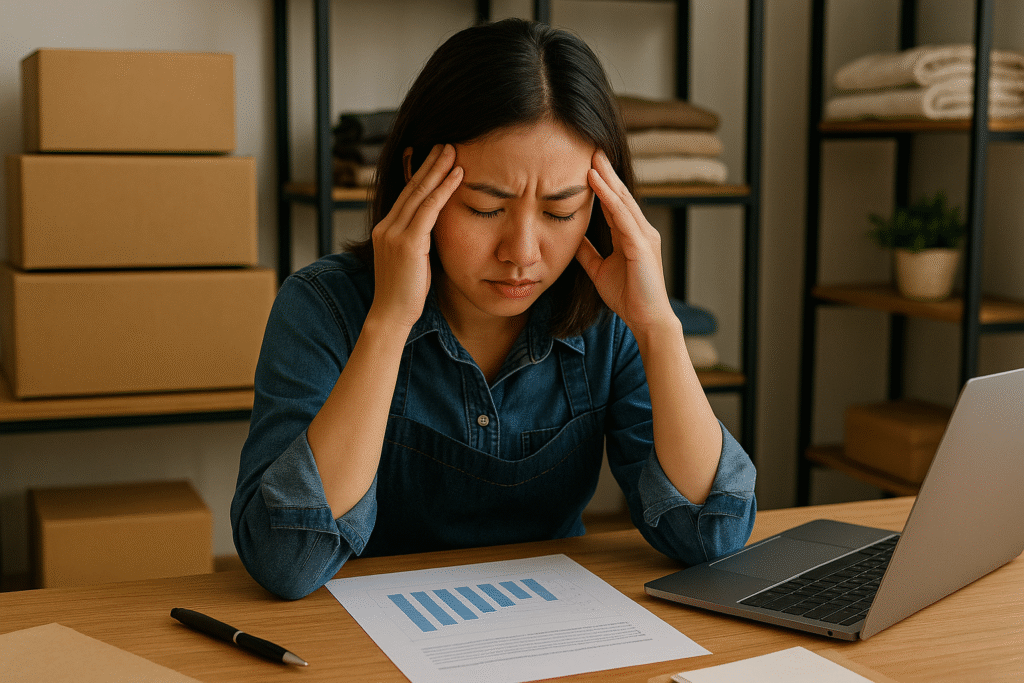 Seorang wanita muda tampak stres sambil memegang kepala di meja kerja, dikelilingi laptop, dokumen grafik penjualan, dan kotak paket, menggambarkan tantangan yang dihadapi pelaku UMKM.