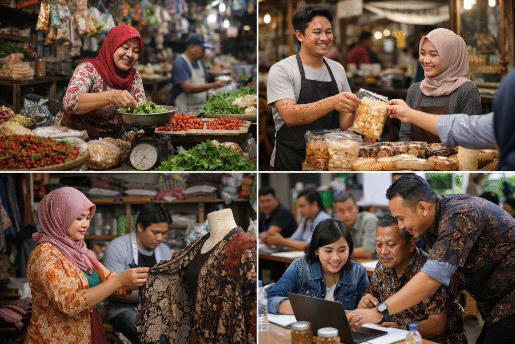Pelaku UMKM Indonesia sedang menjalankan usaha kecil di lingkungan pasar tradisional.