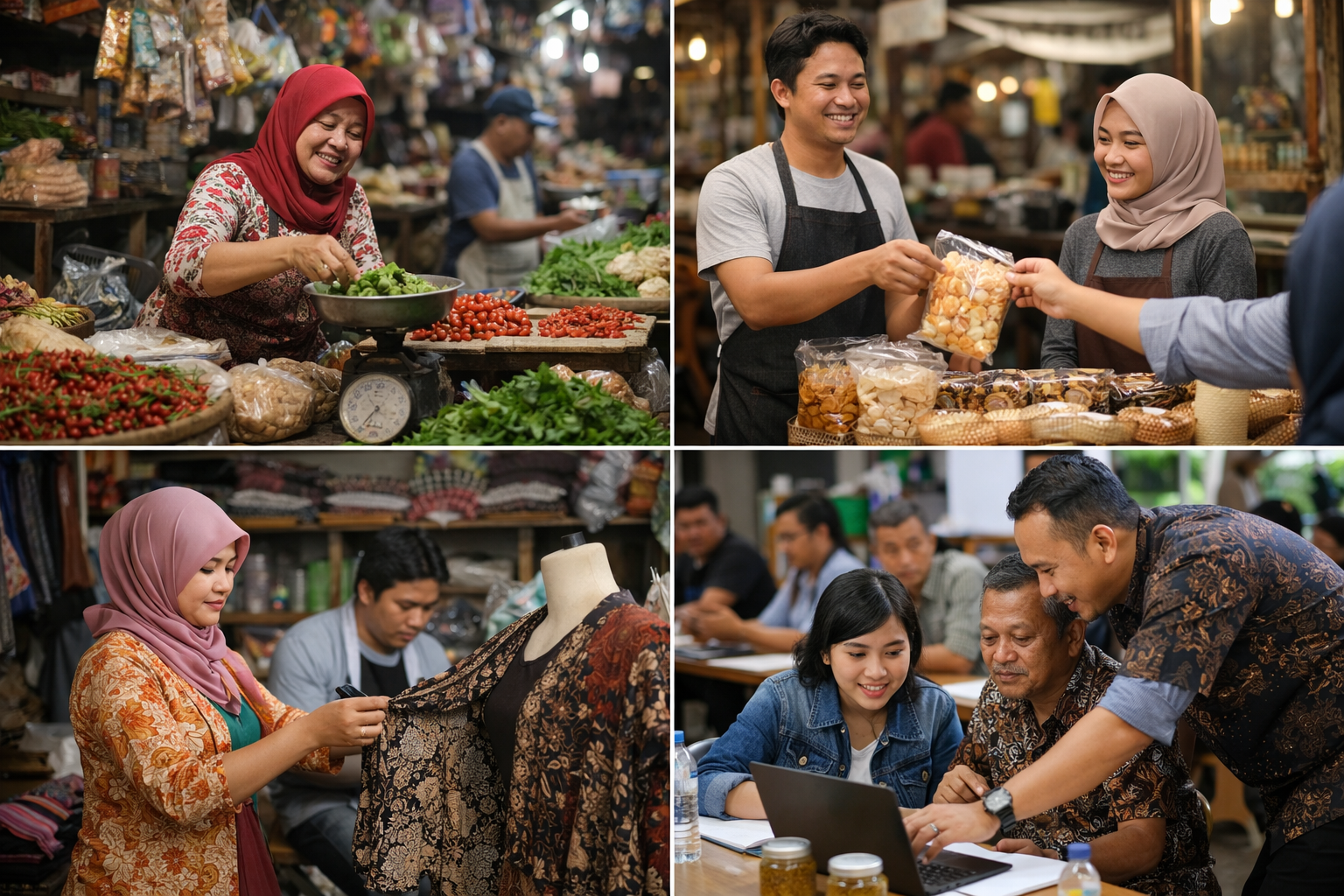 Pelaku UMKM Indonesia sedang menjalankan usaha kecil di lingkungan pasar tradisional.