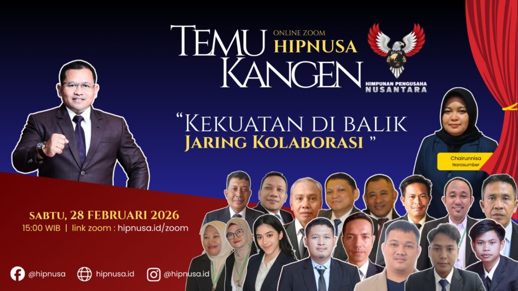 Poster kegiatan Temu Kangen HIPNUSA 2026 bertema “Kekuatan di Balik Jaring Kolaborasi” yang diselenggarakan secara online melalui Zoom pada 28 Februari 2026, menampilkan jajaran pimpinan dan pengurus HIPNUSA.