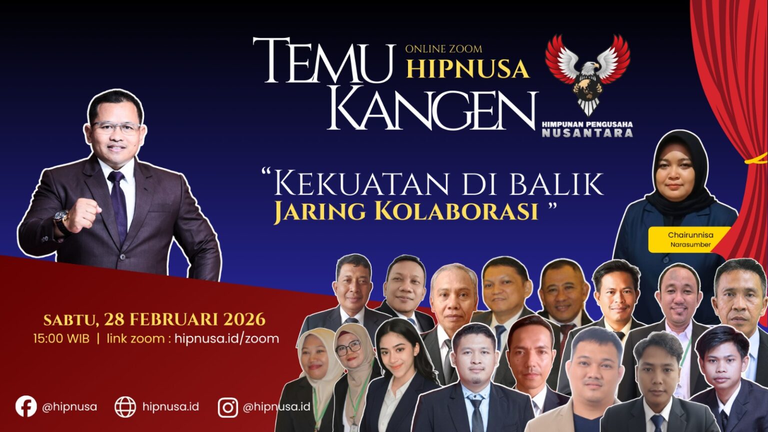 Poster kegiatan Temu Kangen HIPNUSA 2026 bertema “Kekuatan di Balik Jaring Kolaborasi” yang diselenggarakan secara online melalui Zoom pada 28 Februari 2026, menampilkan jajaran pimpinan dan pengurus HIPNUSA.