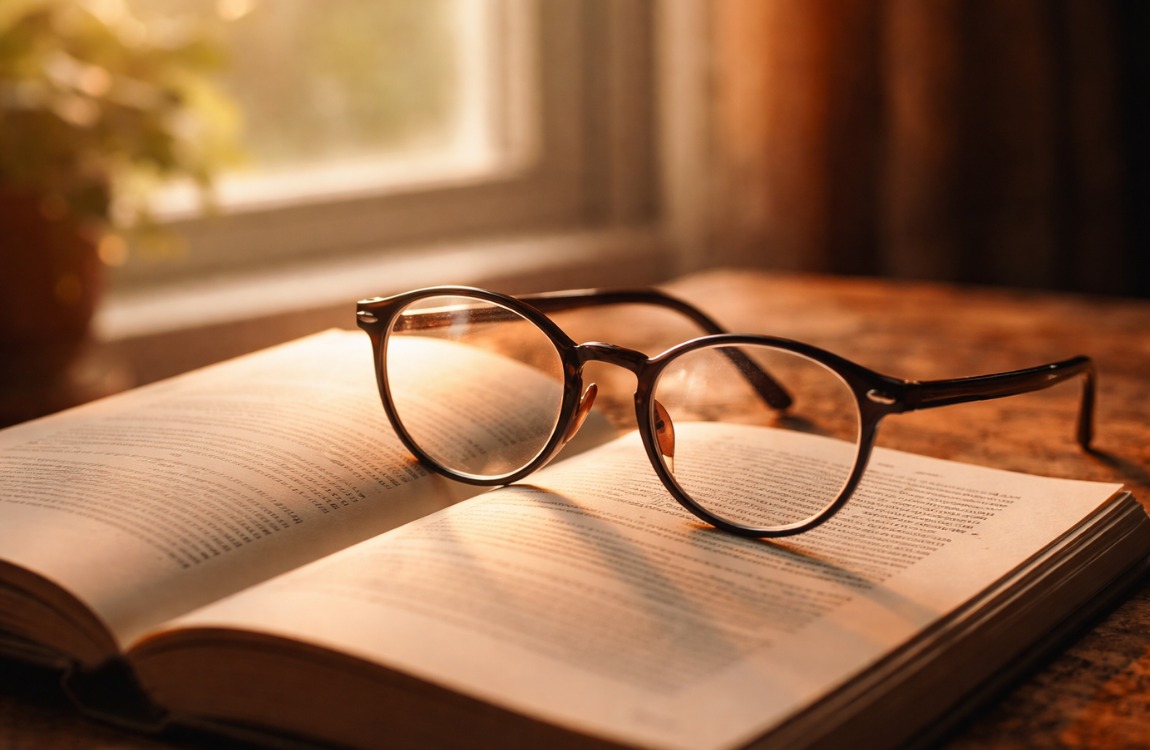 Sepasang kacamata bulat berwarna cokelat gelap terletak di atas buku terbuka dengan cahaya matahari sore yang hangat masuk dari jendela.
