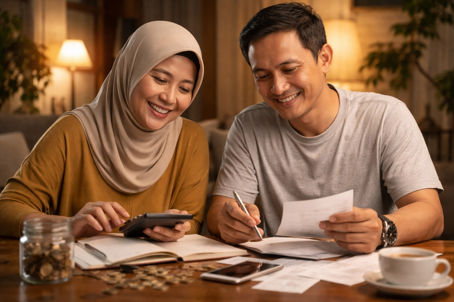 Pasangan suami istri sedang duduk di meja makan menghitung pengeluaran rumah tangga dan merencanakan tabungan masa depan.