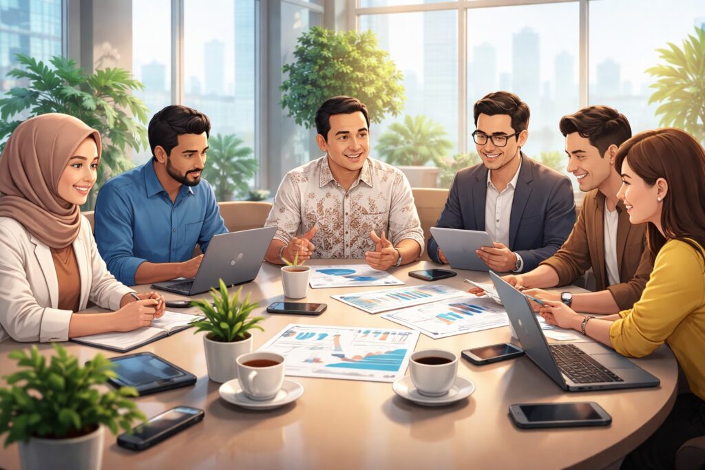 Ilustrasi diskusi kolaborasi dalam organisasi yang menggambarkan pentingnya kerja sama dan harmonisasi dalam dunia bisnis dan komunitas.