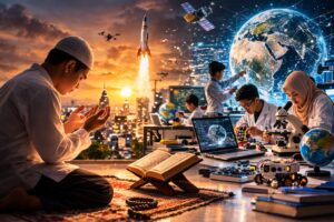 Ilustrasi seorang pria berdoa di tengah lingkungan sains dan teknologi dengan latar kota modern, roket, drone, dan peralatan laboratorium yang melambangkan perpaduan doa, ilmu pengetahuan, dan kemajuan teknologi.