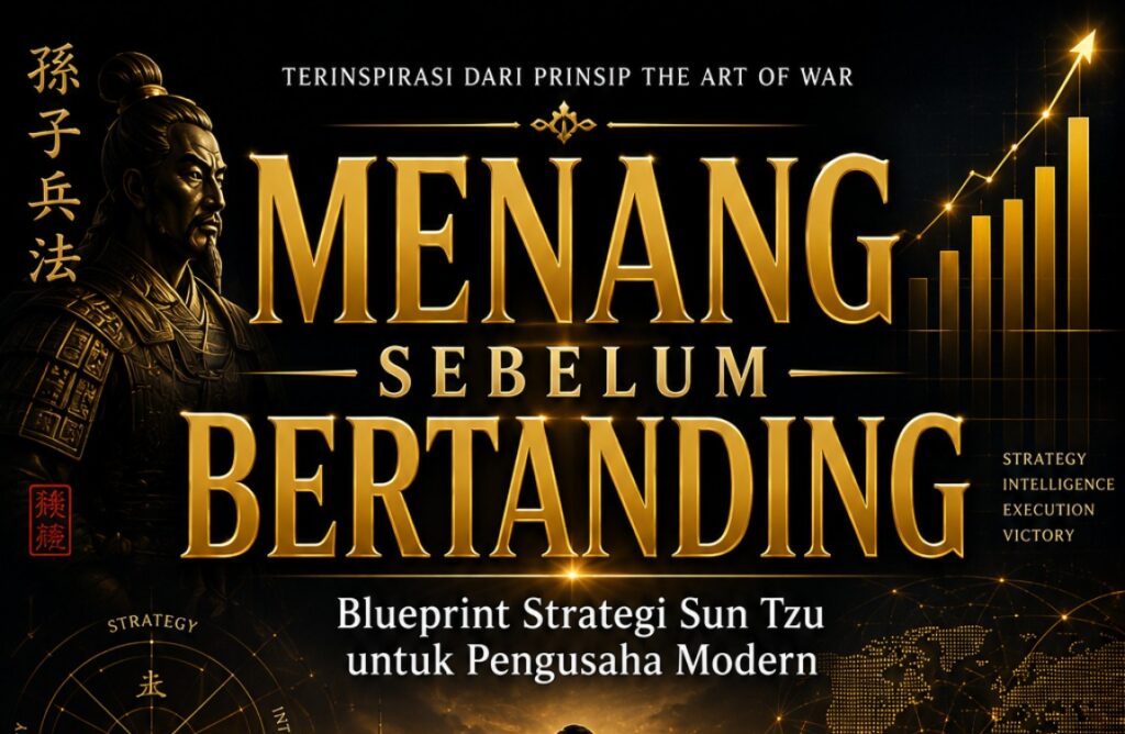 Thumbnail artikel menampilkan buku Menang Sebelum Bertanding karya Muhammad Aditya Prabowo dengan latar strategi bisnis, bidak catur raja hitam, peta taktik perang Sun Tzu, dan ilustrasi kota modern yang melambangkan kemenangan bisnis melalui strategi yang matang.
