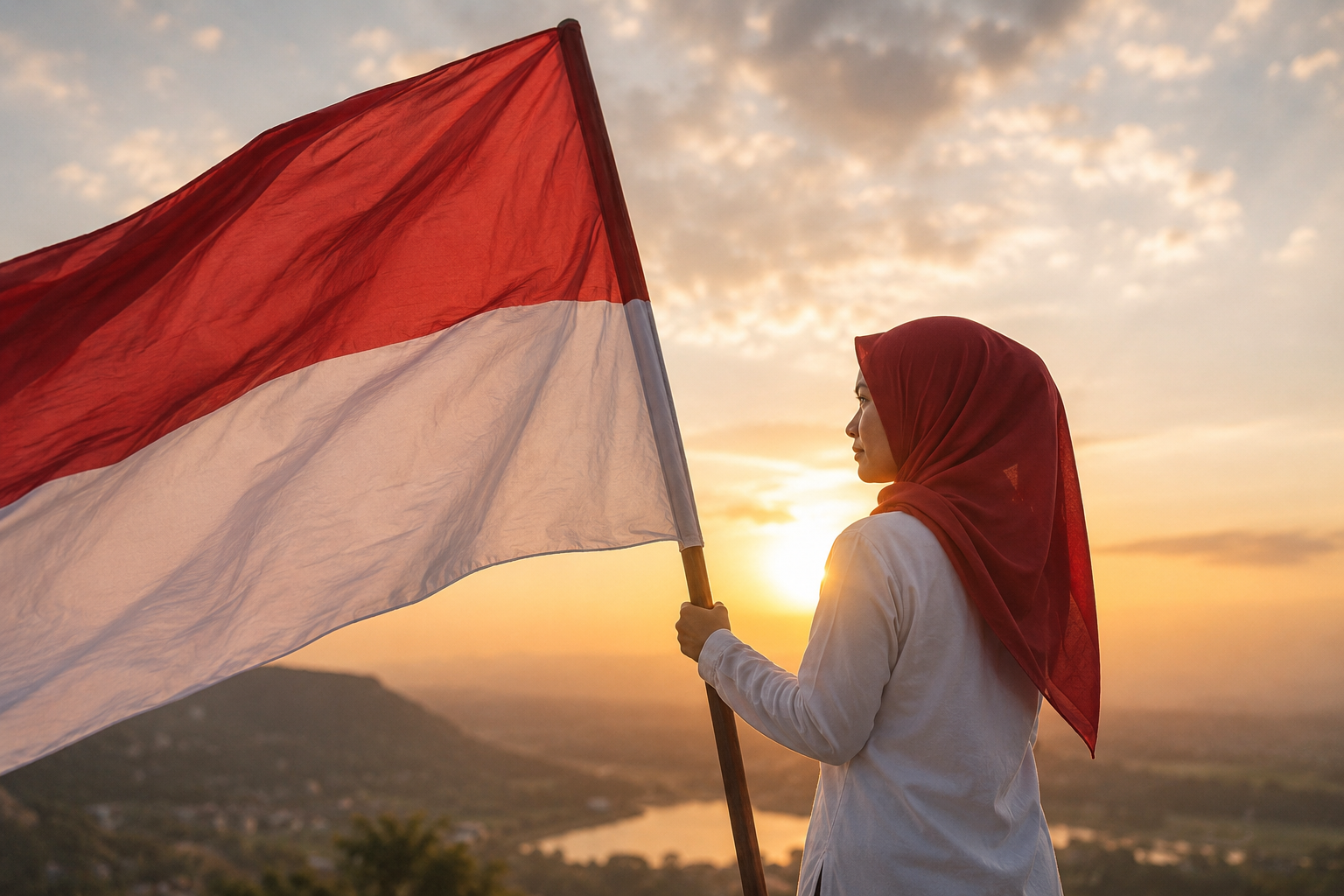 Seorang wanita berhijab memegang bendera Merah Putih saat matahari terbenam sebagai simbol peran perempuan dalam membangun bangsa dan negara.