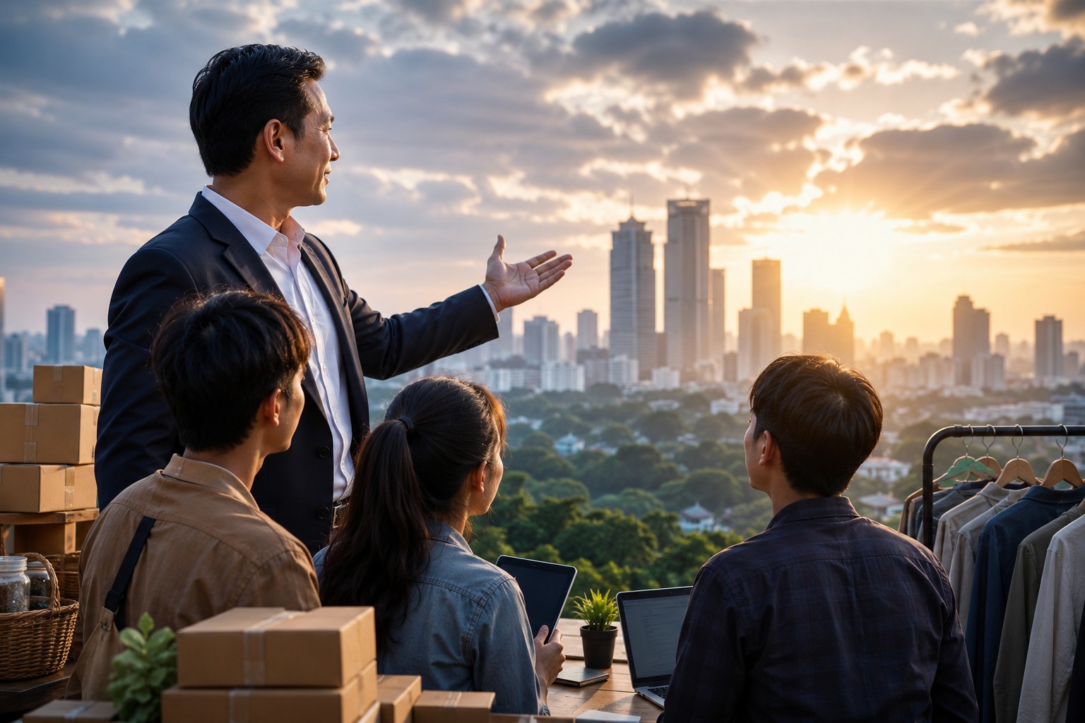 Seorang pengusaha memberikan arahan dan motivasi kepada generasi muda untuk membangun usaha dan berinovasi di tengah ketidakpastian ekonomi, dengan latar belakang perkotaan dan aktivitas bisnis UMKM.