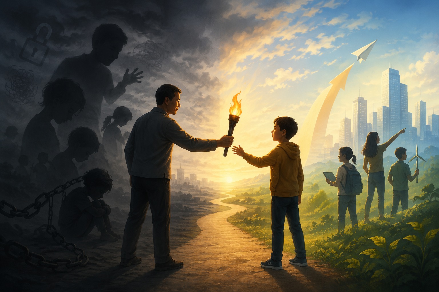 Ilustrasi seorang dewasa membimbing generasi muda menuju masa depan yang cerah, melambangkan warisan keberanian, optimisme, dan semangat menghadapi tantangan.