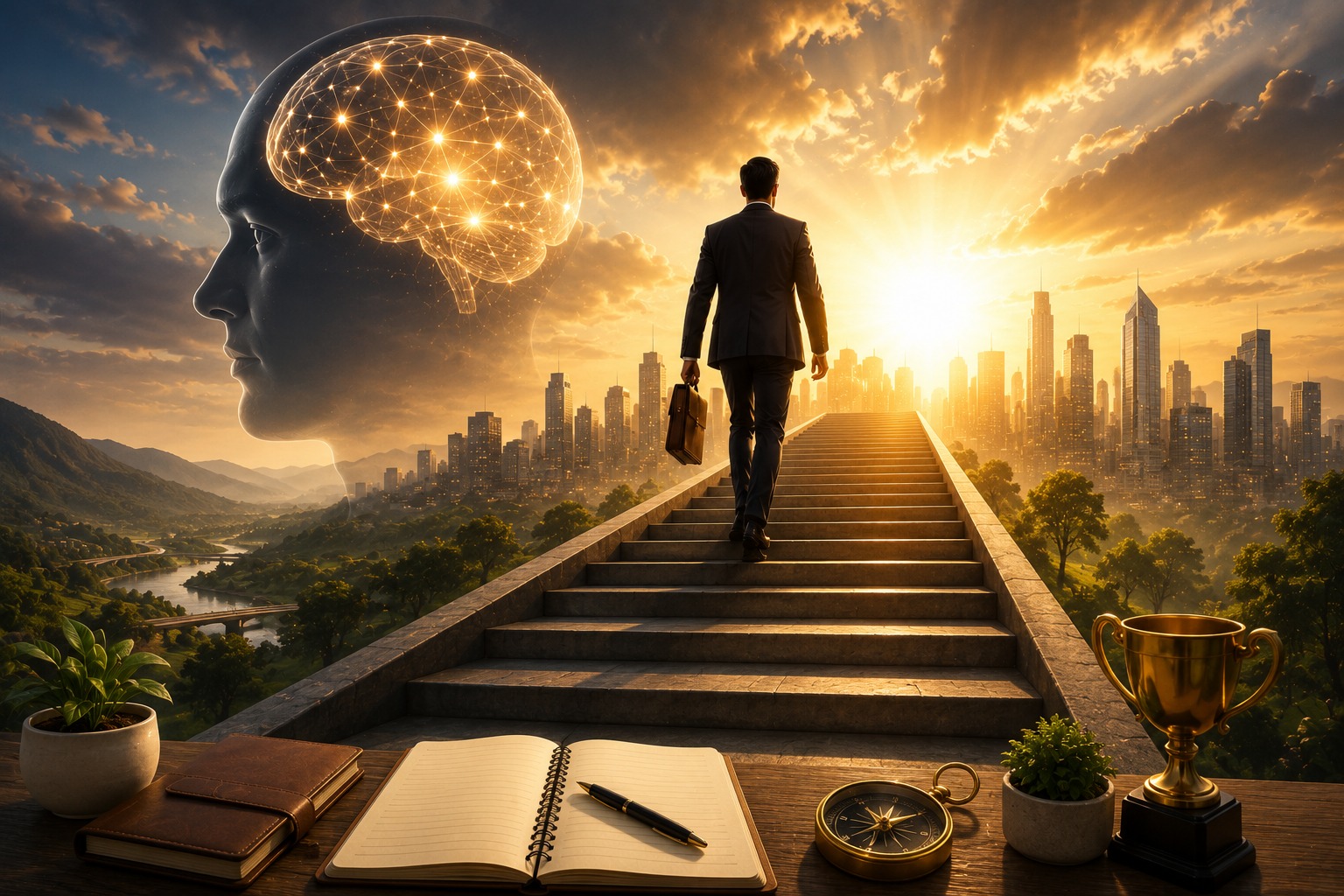 Ilustrasi Mindset Pengusaha Sukses yang menjelaskan bahwa cara berpikir memengaruhi keputusan, tindakan, kebiasaan, dan hasil dalam membangun bisnis yang berkelanjutan.