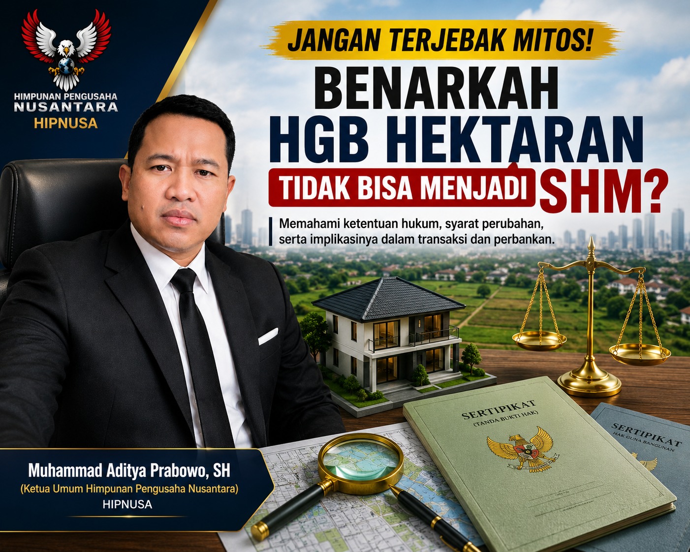 Muhammad Aditya Prabowo, SH., Ketua Umum HIPNUSA, menyampaikan opini hukum mengenai legalitas tanah HGB hektaran dan peluang peningkatan menjadi SHM berdasarkan peraturan pertanahan Indonesia.