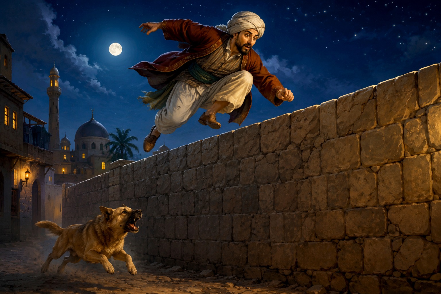 Ilustrasi Abu Nawas yang melompati tembok tinggi saat dikejar seekor anjing sebagai simbol bahwa manusia mampu mengeluarkan potensi terbaiknya ketika menghadapi tantangan hidup.