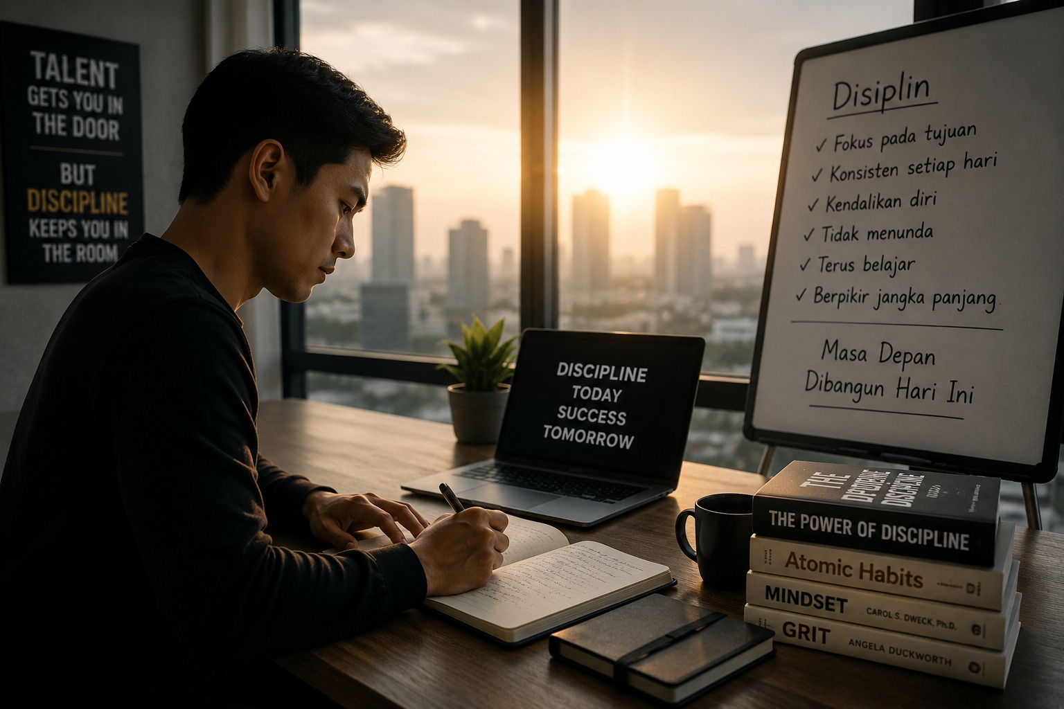 Seorang entrepreneur sedang bekerja dengan penuh fokus di meja kerja sambil menulis rencana bisnis, menggambarkan bahwa disiplin, konsistensi, dan pengendalian diri adalah kunci membangun masa depan dan meraih kesuksesan.