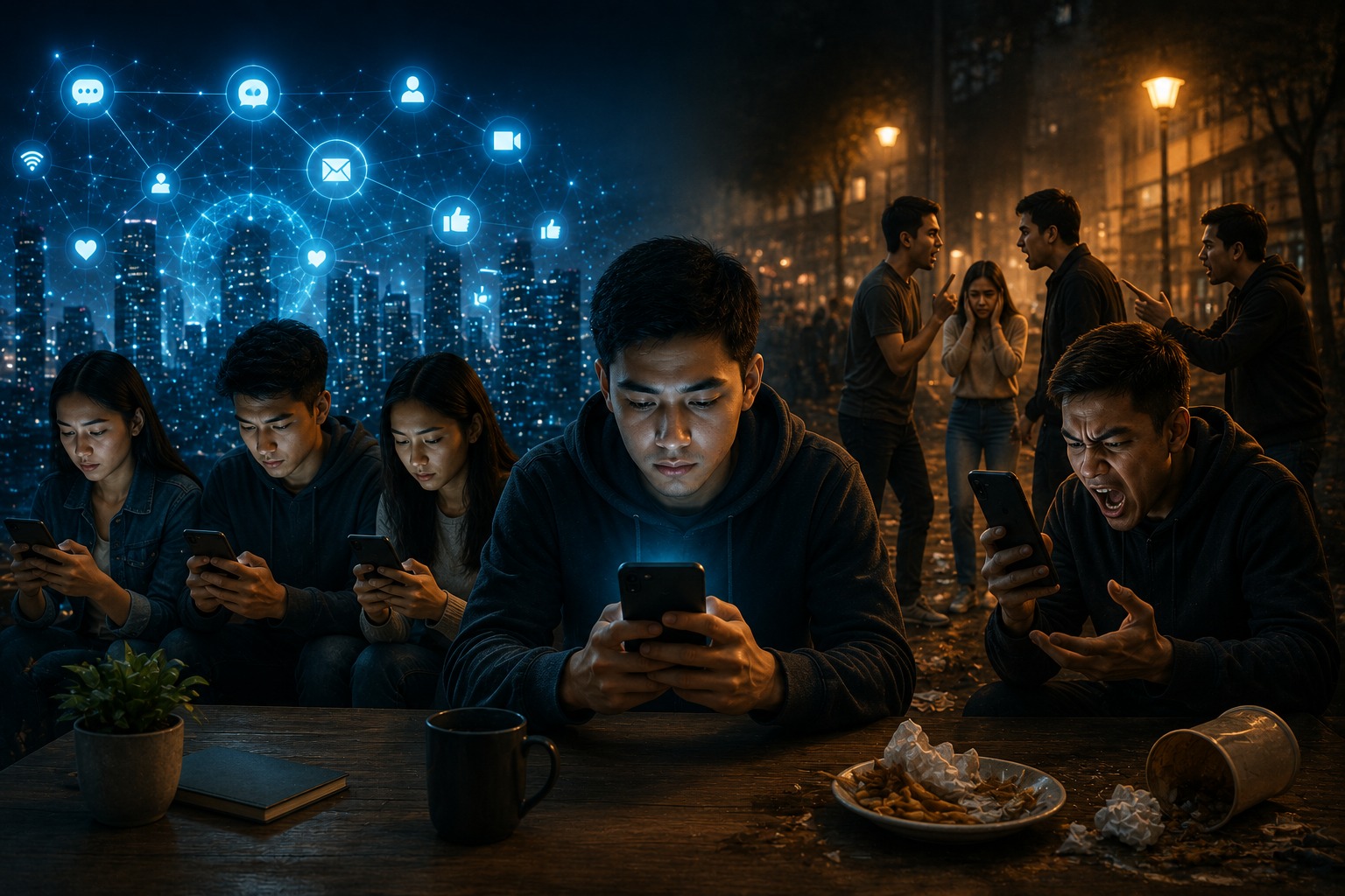 Ilustrasi seseorang memegang telepon genggam sambil merenungkan pentingnya komunikasi, etika, dan silaturahmi di era digital. Pesan mengajak masyarakat menggunakan teknologi untuk membangun hubungan, menghargai sesama, dan memperkuat persaudaraan.