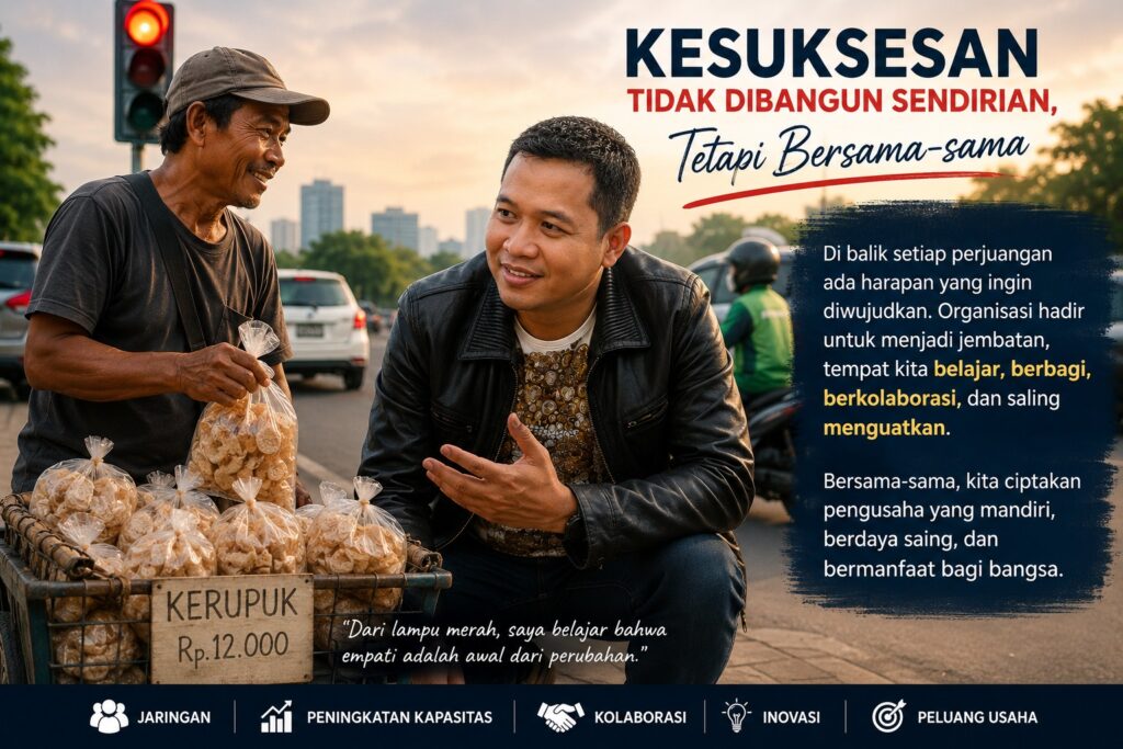 Aditya berbincang dengan seorang pedagang kerupuk di lampu merah sebagai refleksi tentang pentingnya kebersamaan, organisasi, dan kolaborasi dalam membangun usaha yang berkelanjutan.