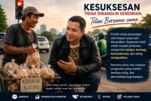 Aditya berbincang dengan seorang pedagang kerupuk di lampu merah sebagai refleksi tentang pentingnya kebersamaan, organisasi, dan kolaborasi dalam membangun usaha yang berkelanjutan.