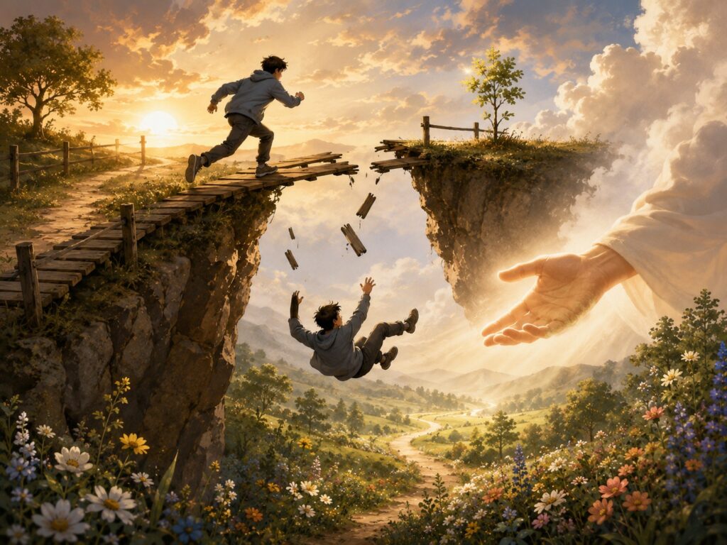 Ilustrasi seorang anak yang terjatuh dari jembatan menuju hamparan bunga sebagai simbol bahwa perubahan rencana hidup adalah bagian dari proses pertumbuhan dan hikmah Allah menurut Al-Qur'an.