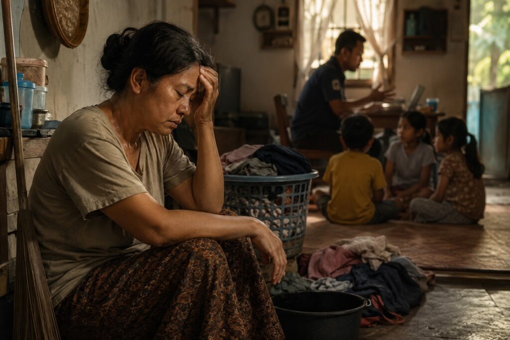 Seorang ibu rumah tangga berusia sekitar 40 tahun duduk termenung di ruang tamu sederhana pada malam hari, menahan air mata setelah seharian bekerja mencari nafkah, mengurus rumah, dan membesarkan anak-anak, sementara suaminya sibuk dengan aktivitas organisasi sosial.