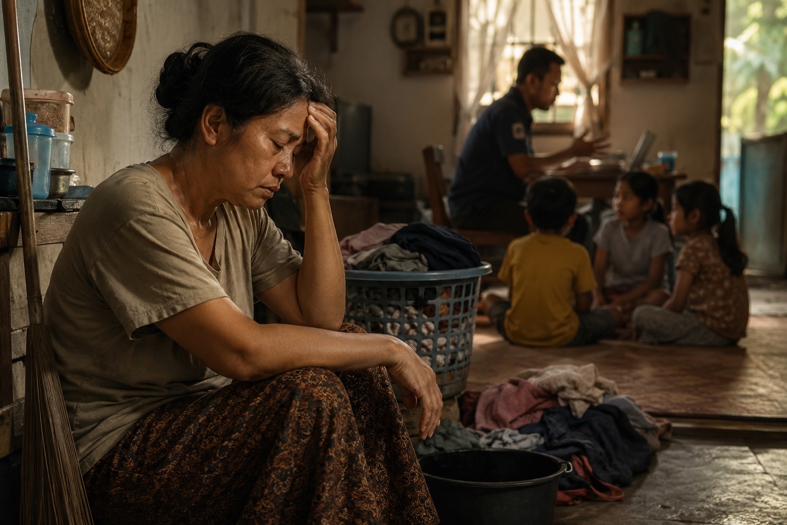Seorang ibu rumah tangga berusia sekitar 40 tahun duduk termenung di ruang tamu sederhana pada malam hari, menahan air mata setelah seharian bekerja mencari nafkah, mengurus rumah, dan membesarkan anak-anak, sementara suaminya sibuk dengan aktivitas organisasi sosial.
