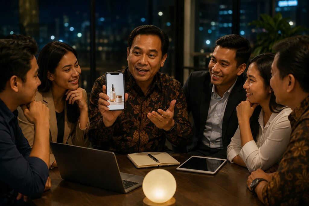 Seorang pemimpin sedang berbagi pengalaman bisnis kepada anggota komunitas pada malam hari sambil menunjukkan peluang usaha berbasis kepercayaan, networking, dan integritas tanpa modal uang.