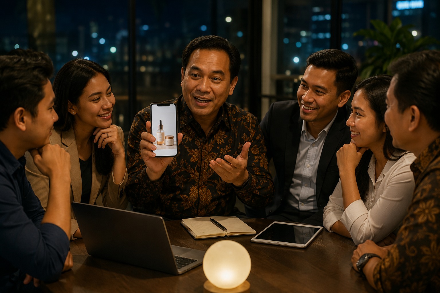 Seorang pemimpin sedang berbagi pengalaman bisnis kepada anggota komunitas pada malam hari sambil menunjukkan peluang usaha berbasis kepercayaan, networking, dan integritas tanpa modal uang.