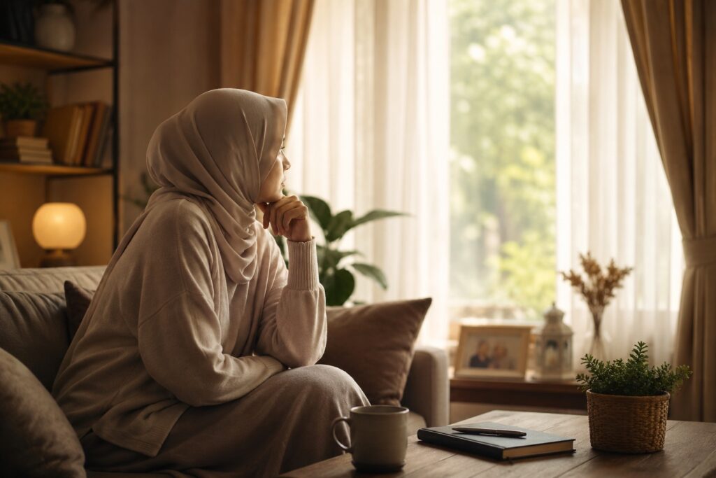 Seorang ibu rumah tangga berhijab duduk di ruang tamu sambil menatap ke luar jendela dengan wajah penuh renungan, menggambarkan rasa lelah, harapan, dan keteguhan hati dalam menjalani kehidupan.