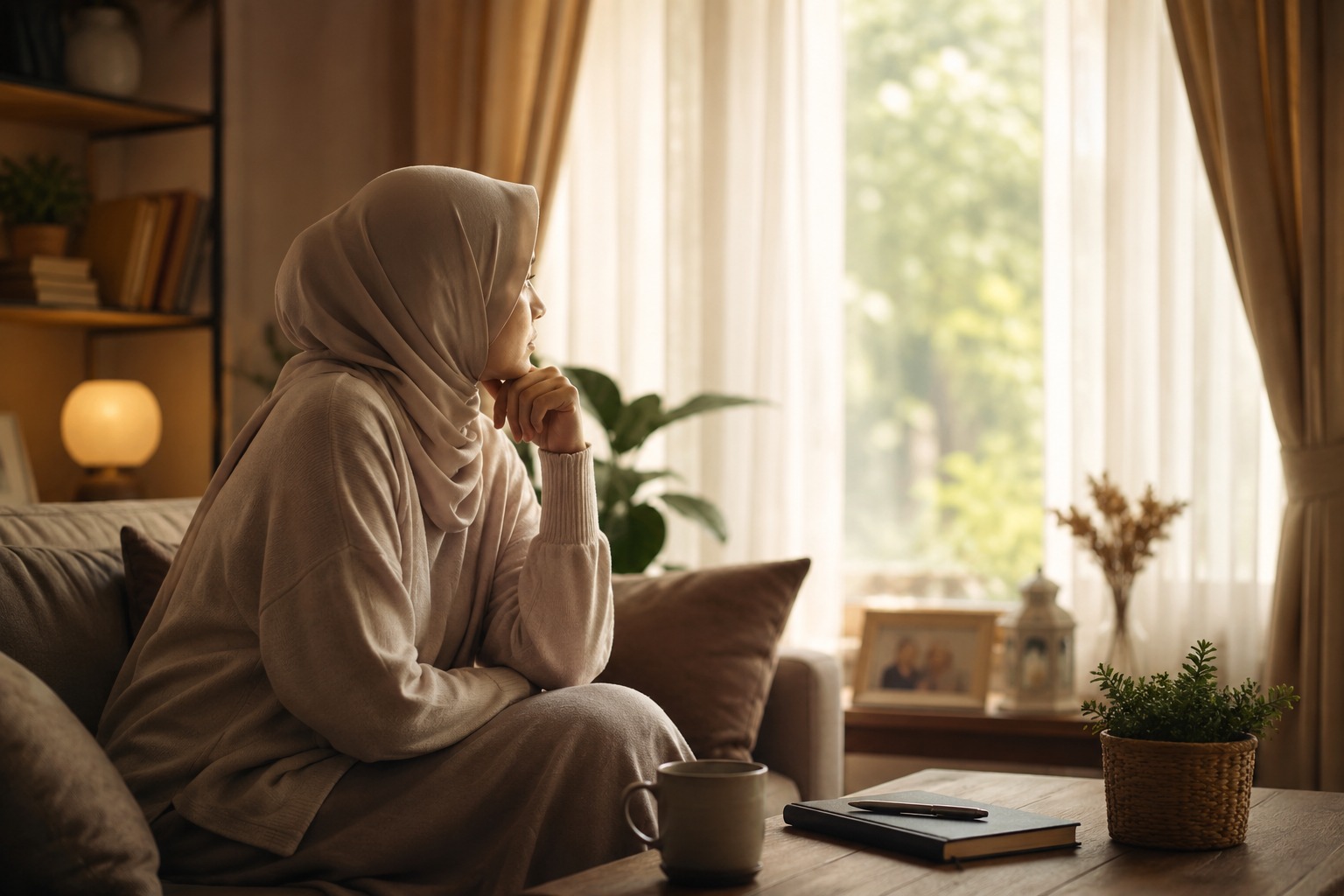 Seorang ibu rumah tangga berhijab duduk di ruang tamu sambil menatap ke luar jendela dengan wajah penuh renungan, menggambarkan rasa lelah, harapan, dan keteguhan hati dalam menjalani kehidupan.