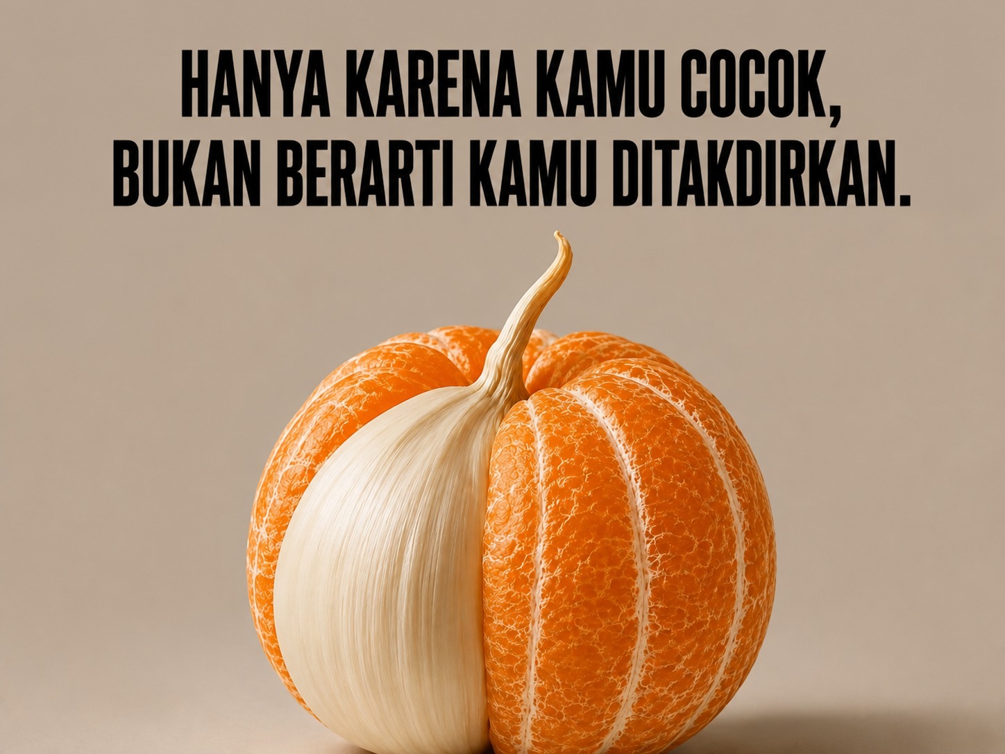Ilustrasi buah jeruk yang dipadukan dengan bawang putih disertai kutipan motivasi bertuliskan, "Hanya karena kamu cocok, bukan berarti kamu ditakdirkan," sebagai pengingat bahwa kecocokan tidak selalu berarti jodoh.