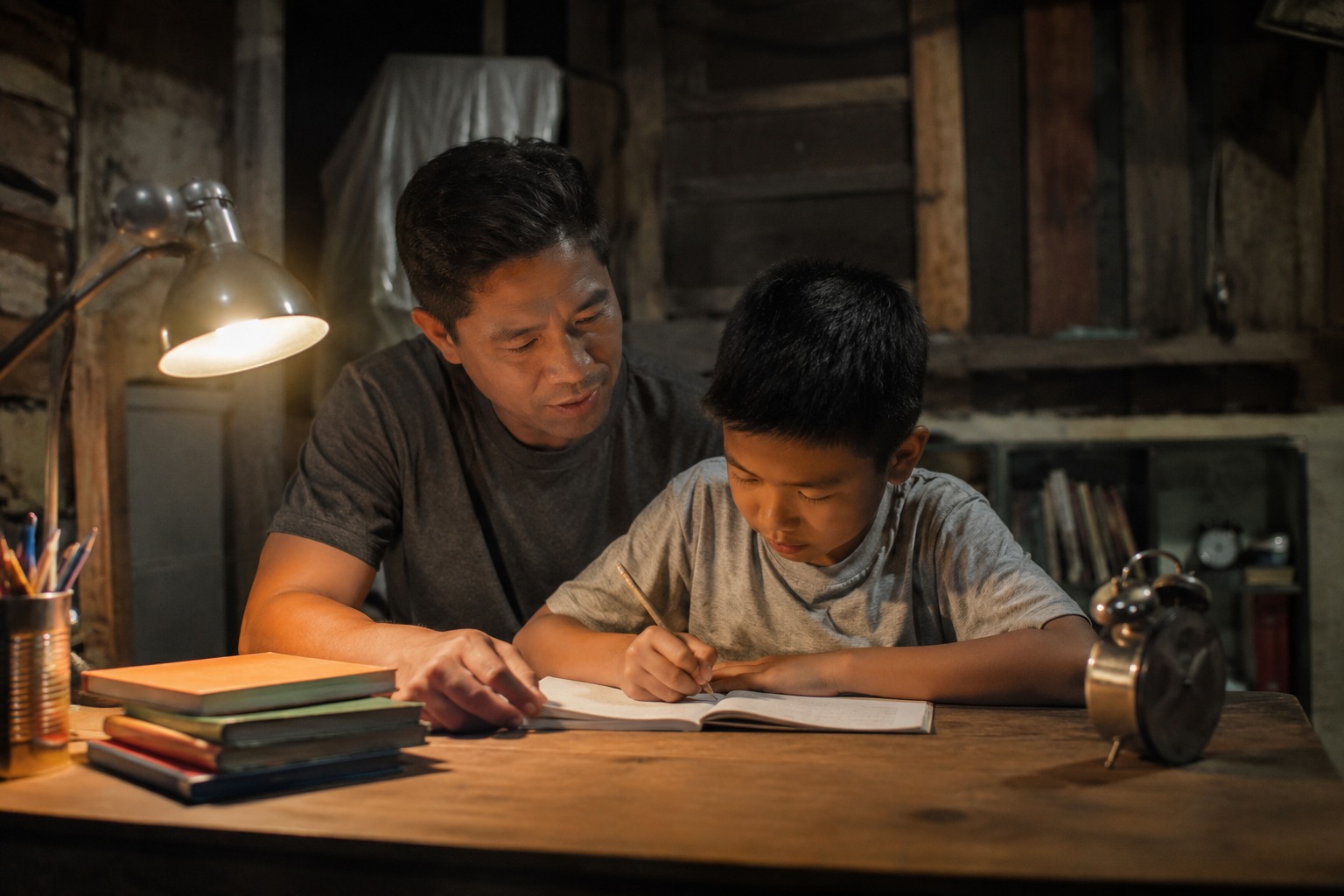 Seorang ayah dan anak sedang membaca buku bersama sebagai simbol pentingnya membangun pola pikir positif, semangat belajar, dan mewariskan ilmu demi masa depan yang lebih baik.