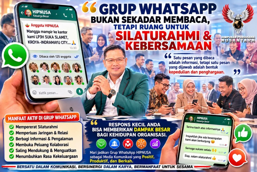 Infografis Ketua Umum HIPNUSA tentang pentingnya Grup WhatsApp sebagai media komunikasi organisasi untuk mempererat silaturahmi, membangun kolaborasi, berbagi informasi, serta meningkatkan kepedulian antaranggota melalui komunikasi yang aktif dan positif.