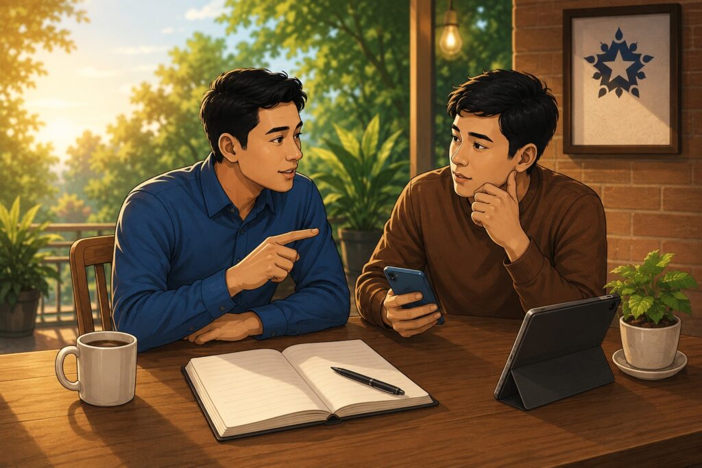 Dua sahabat berdiskusi dengan suasana hangat, saling memberikan masukan dan mendengarkan dengan penuh perhatian.