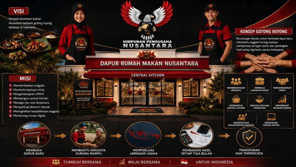 Dapur Rumah Makan Nusantara HIPNUSA dengan konsep gotong royong untuk membangun ekosistem usaha kuliner dan memberdayakan anggota.