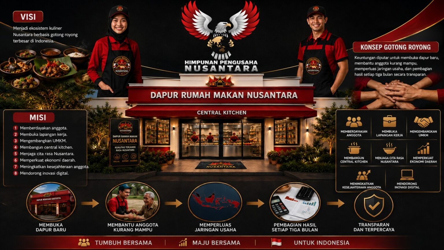 Dapur Rumah Makan Nusantara HIPNUSA dengan konsep gotong royong untuk membangun ekosistem usaha kuliner dan memberdayakan anggota.