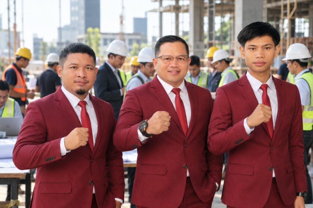 Tiga pengusaha HIPNUSA mengenakan jas merah berdiri di lokasi proyek bersama para pekerja konstruksi