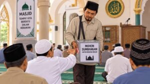 Ilustrasi seorang civitas yayasan menggalang dana di masjid setelah salat Jumat, sebagai refleksi tentang amanah, pengabdian, dan pentingnya membangun kemandirian ekonomi melalui usaha yang halal.