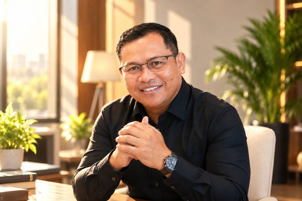Muhammad Aditya Prabowo duduk di ruang kerja dengan pencahayaan matahari pagi, menggambarkan semangat bangkit dan menemukan harapan dalam kehidupan.