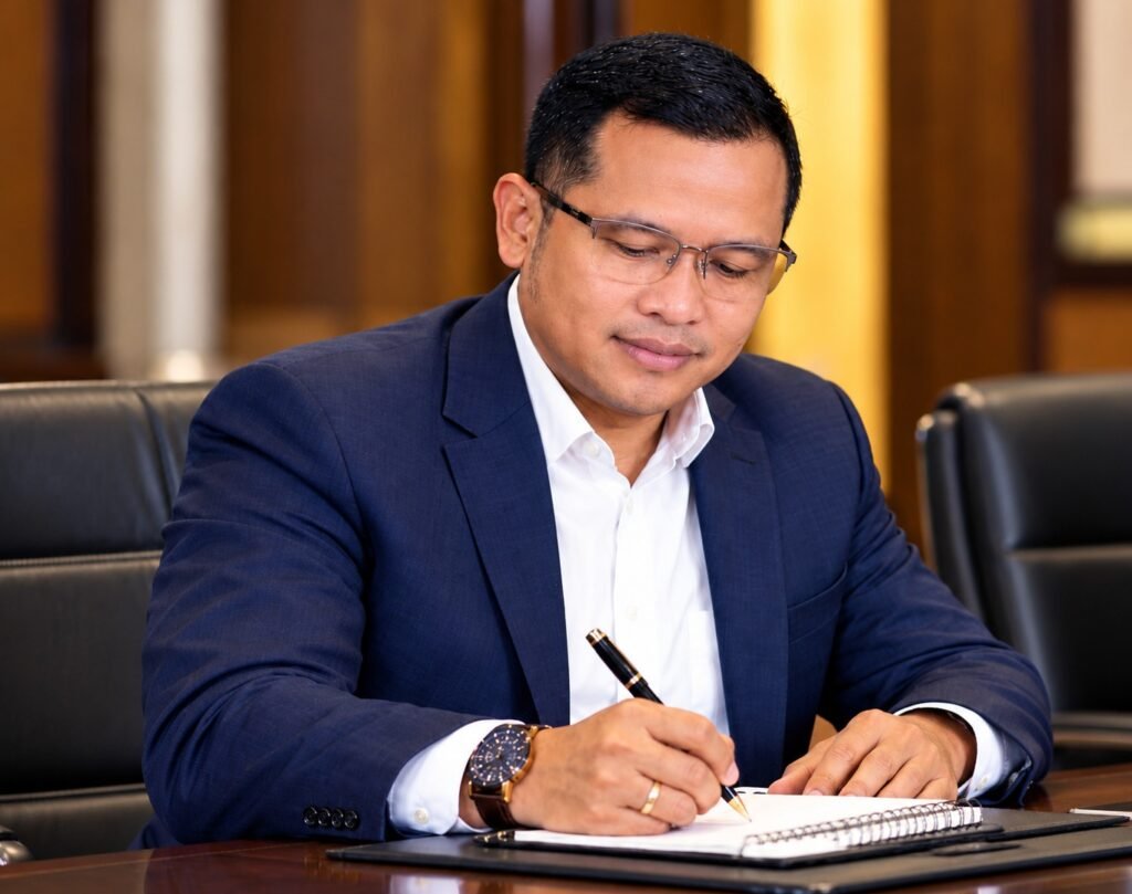 Muhammad Aditya Prabowo sedang menulis catatan dalam forum diskusi bisnis dengan mengenakan jas biru navy dan kemeja putih.
